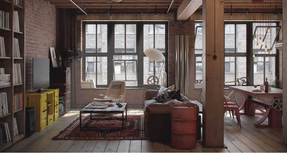 Industrial interior design with reclaimed wood floor